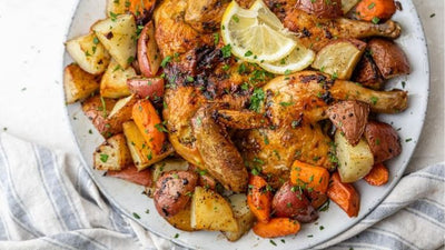 Roasted Spatchcock Chicken with Carrots, Celery & Potatoes