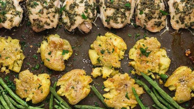 Sheet Pan Chicken Thighs with Baby Broccoli and Smashed Potatoes