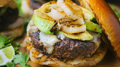 Vegetarian Mushroom Burgers with Avocado & Grilled Onions