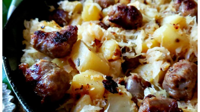 Cast Iron Bratwurst, Potatoes and Sauerkraut